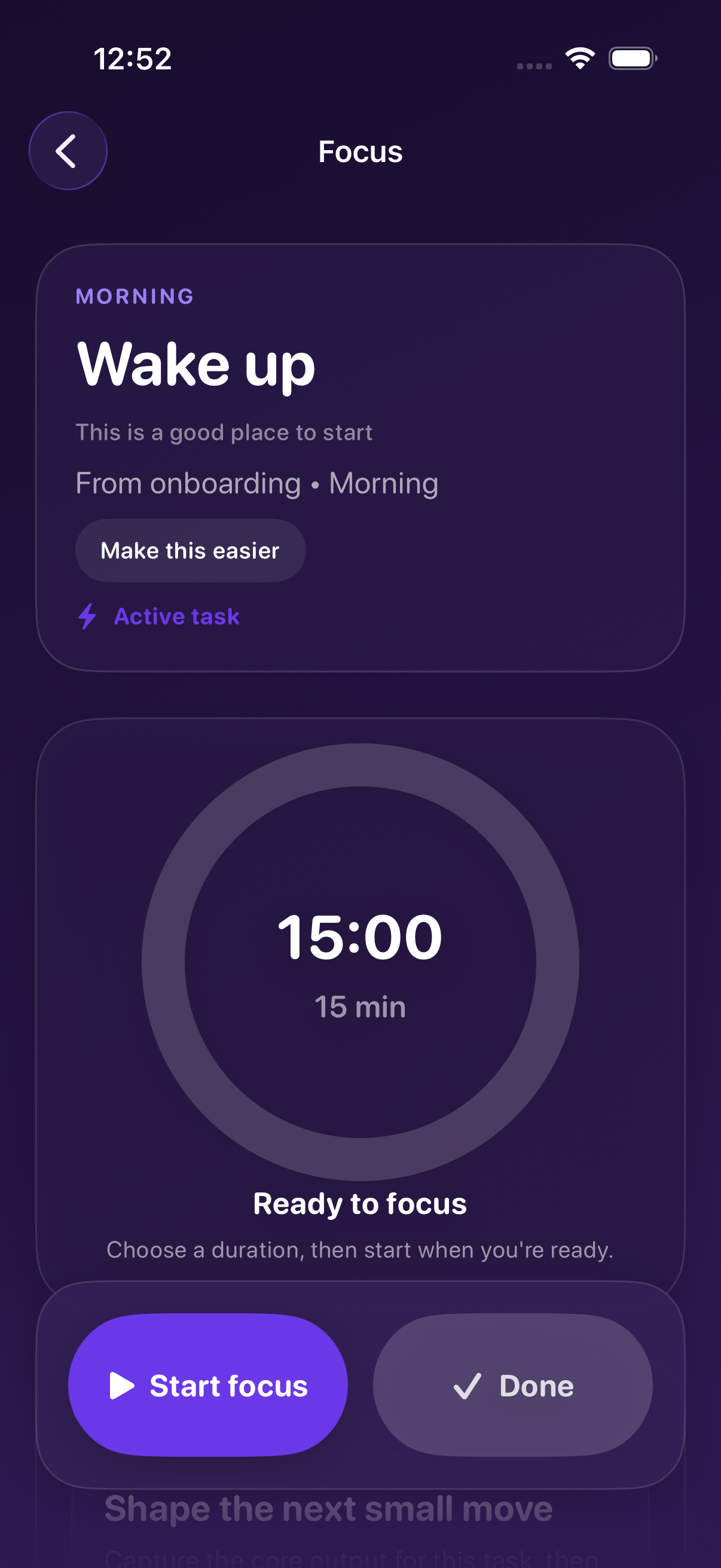 Alarmio real focus screen showing a task card, timer ring, and start focus action