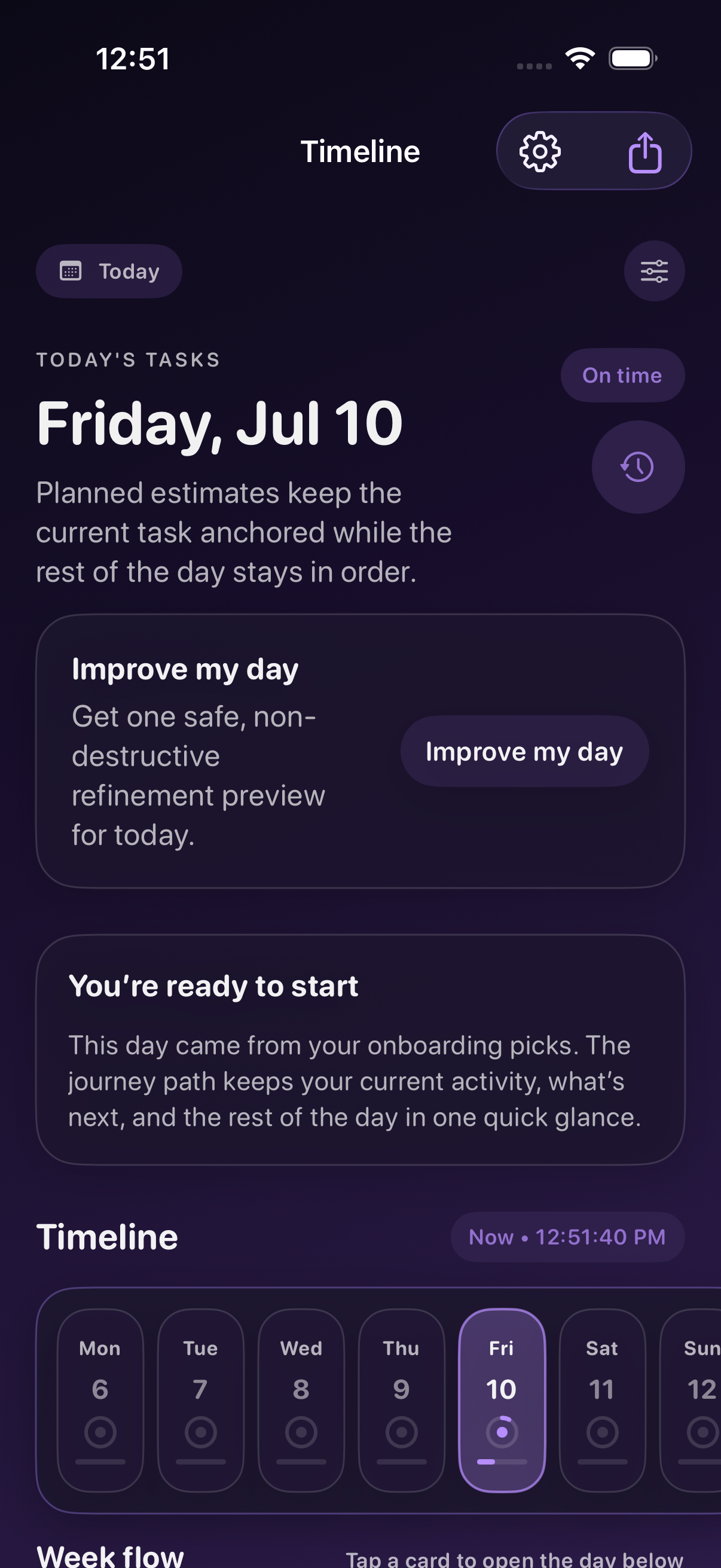 Alarmio real timeline screen showing today's task summary and week flow